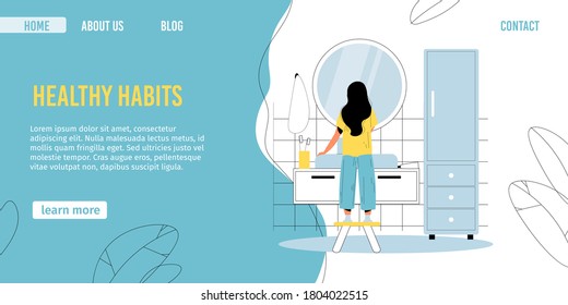 Children good healthy morning habit. Little female child brushing teeth standing front of mirror in home bathroom. Kid oral hygiene, tooth care. School girl schedule, daily routine. Landing page