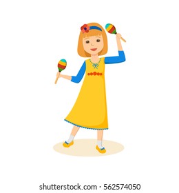 Children and good mood concept. Little girl in a beautiful festive attire, dancing, keeps maracas and cute smiling. Cartoon vector illustration isolated on white background.