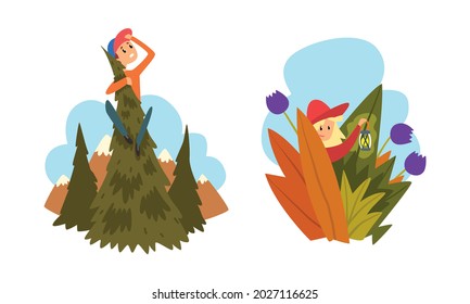 Children Got Lost in Forest, Boy Sitting on Pine and Looking into Distance, Girl Walking with Lantern through Thick Grass Cartoon Vector Illustration