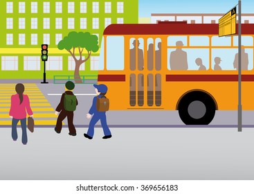 The children got off the bus at the bus stop and headed to a regulated pedestrian crossing on a green traffic light.