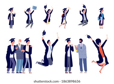 Children graduates. Happy students, kids graduating kindergarten preschool or school. Teenagers hugging college lecturer utter vector set