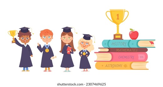 Juego de niños graduados, educación y éxito de conocimiento símbolos de ilustración vectorial. La caricatura aisló a chicos y chicas lindos en batas y morteros con diploma, parados cerca de un montón de libros escolares