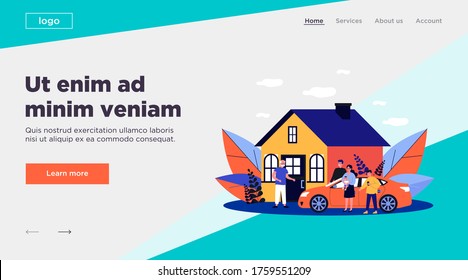 Children and grandchildren visiting grandpa. Country house, family meeting at entrance flat vector illustration. Togetherness, family, support concept for banner, website design or landing web page
