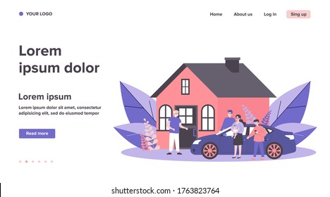 Children and grandchildren visiting grandpa. Country house, family meeting at entrance flat vector illustration. Togetherness, family, support concept for banner, website design or landing web page