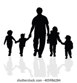 children with grandfather illustration silhouette in black