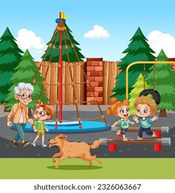 Children and grandparent  at the park illustration
