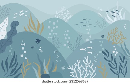 Children graphic illustration for nursery wall. Wallpaper design for kids room interior. Vector illustration with underwater theme 