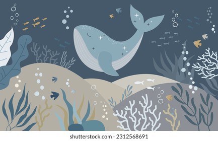 Children graphic illustration for nursery wall. Interior design for kids room. Vector illustration with underwater theme and cute whale for books and textile