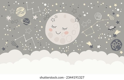 Children graphic illustration for nursery, wall, book cover, textile, cards. Interior design for kids room. Vector illustration with space theme and cute moon	