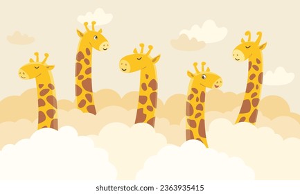 Children graphic illustration for nursery wall. Interior design for kids room. Vector illustration with cute giraffes for books and textile