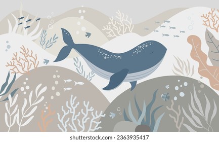 Ilustración gráfica infantil para la pared de la guardería. Diseño interior para la habitación de los niños. Ilustración vectorial con tema submarino y ballena linda para libros y textiles