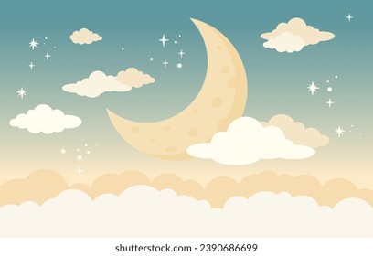 Children graphic illustration for nursery wall. Wallpaper design for kids room interior. Vector illustration with moon  in the sky