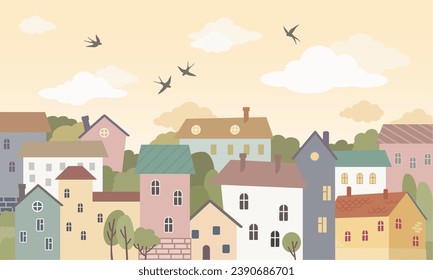 Ilustración gráfica infantil para la pared de la guardería. Diseño de tapiz para el interior de las habitaciones para niños. Ilustración vectorial con ciudad de fantasía