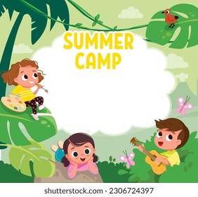 Children with green jungle background. Summer landscape. Boy and girls spare time outdoors. Child plays guitar.