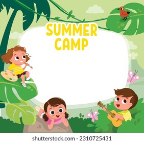 Children with green jungle background. Summer landscape. Boy and girls spare time outdoors. Child plays guitar.