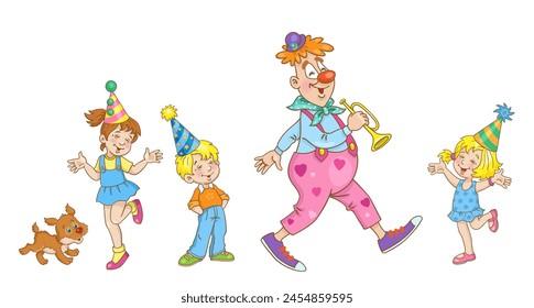 Children greet a cheerful clown. In cartoon style. Isolated on white background. Vector illustration.