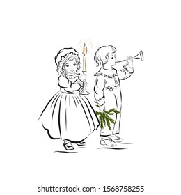 Children greet with Merry Christmas. Boy with trumpet and girl holding candlestick with candle. 
