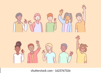 Children Greet Or Say Hello With Hand. Group Of Multicultural Preschoolers Is Saying Hello. Young Multiethnic Boys And Girls Raised Hands In Greeting. Kids Say Hi To Childhood. Simple Flat Vector