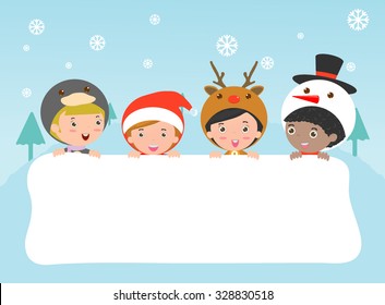 children and greeting Christmas and New Year card, kids peeping behind placard, kids in Christmas costume characters celebrate, Cute little christmas Children's collection, happy new year, Vector 