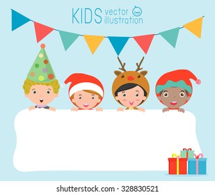 children and greeting Christmas and New Year card, kids peeping behind placard, kids in Christmas costume characters celebrate, Cute little christmas Children's collection, happy new year, Vector 