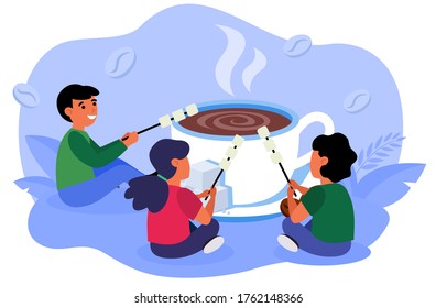 Children grilling marshmallow over cup of hot chocolate. Coffee, mug, company of friend flat vector illustration. Dessert, kids menu concept for banner, website design or landing web page