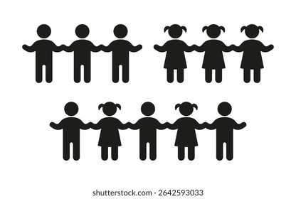 Children group boy and girl black silhouette. Kids together. Symbol little people. Vector illustration