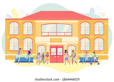 Children Group Coming to School in Morning Flat Cartoon Vector Illustration. Boys with Backpack Running to Entrance. Guy and Girl Riding Scooter. Starting Day. Pupils Going to Study.