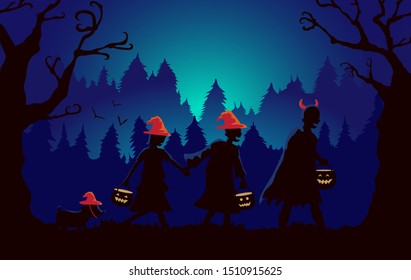 Children group and dog wearing fancy clothes and hat as witch and devil carrying a pot walking pass a forest to solicit gifts at Halloween night. Blue Theme Illustration.