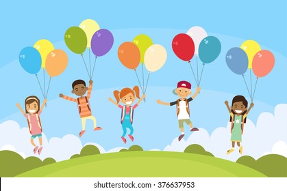 Children Group Fly on Colorful Balloons Outdoor Park Flat Vector Illustration