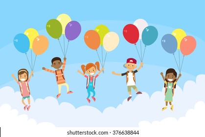Children Group Fly Sky Hold Balloons Flat Vector Illustration