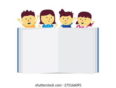 Children group happy feel stay top a book empty page on white background
