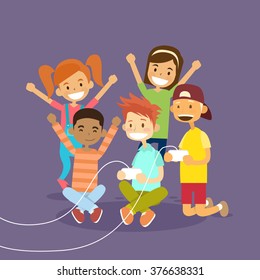 Children Group Holding Joystick Playing Computer Video Game Flat Vector Illustration