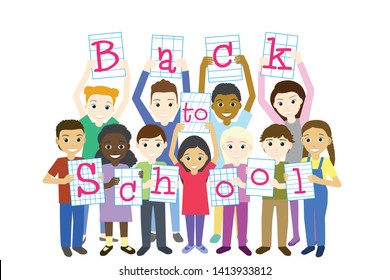 Children group isolated on white background. Children hold in their hands the letters that make up the inscription Back to school.