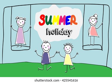 Children group of kids. Hand draw letters. Playing together outdoors. Playground for children. Doodle, hand drawn sketch, scribble. Vector illustration
