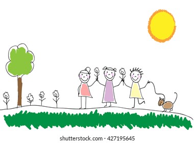 Children group of kids. Playing together outdoors in park. Doodle, hand drawn sketch, scribble. Background for cards, books, posters.Vector illustration. Playing children. 