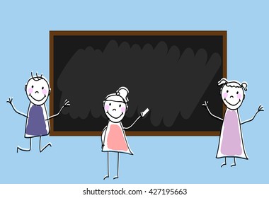 Children group of kids. Playing together. School blackboard. Free space for text. Doodle, hand drawn sketch, scribble. Background for cards, books, posters.Vector illustration