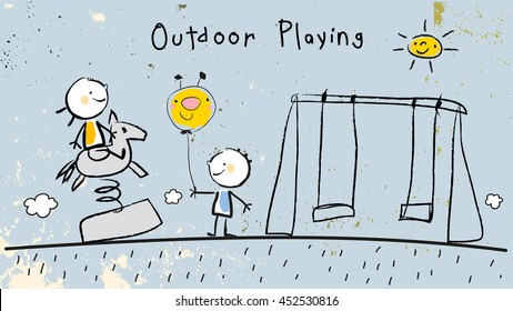 Children, group of kids, playing together outdoors in park. Vector illustration, doodle, hand drawn sketch, scribble. 