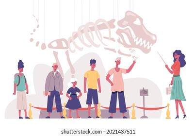 Children Group Natural History Museum Educational Guide Excursion. School Students Visiting Archeology Museum Vector Illustration. Kids Paleontology Excursion. Skeleton Of Dinosaur