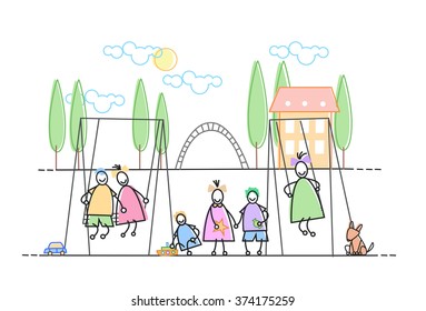 Children Group On Playground Leisure Holiday Vector Illustration