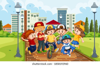 Children group in the park scene illustration