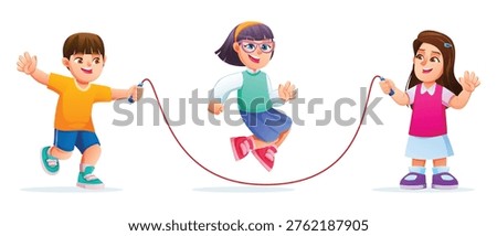 Children group playing jumping rope together outside. Vector cartoon illustration