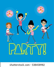 Children group playing music instruments and singing. Party poster design with cartoon style Kids music band.