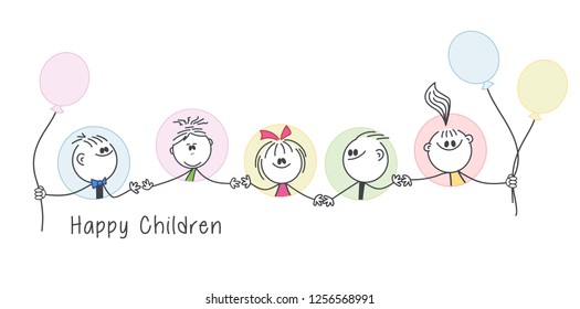 Children group in a round hole. Hand drawn style vector doodle design illustration.