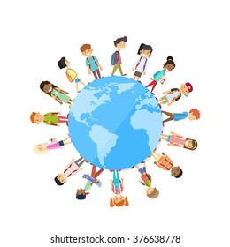 Children Group Standing Around Globe World Unity Concept Vector Illustration