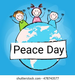 Children Group Standing Around Globe International Peace Holiday Poster Vector Illustration
