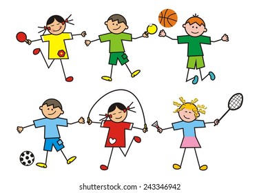 children, group, vector icon, sports equipment set,badminton, jump rope, ball, tennis