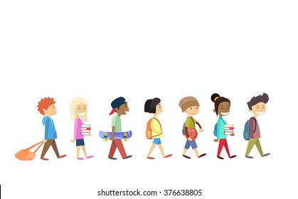 Children Group Walking School Students Go Isolated Flat Vector Illustration