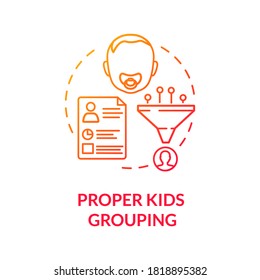 Children groups concept icon. School counselor and childcare. Schooling. Parenthood and childhood. Proper kids grouping idea thin line illustration. Vector isolated outline RGB color drawing