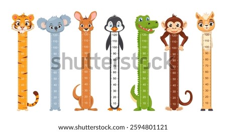 Children Growth Meter, Height Chart with cartoon animals, kids height chart. Cute wall meter with funny animals Tiger, Koala, Kangaroo, Penguin, Monkey, Llama.