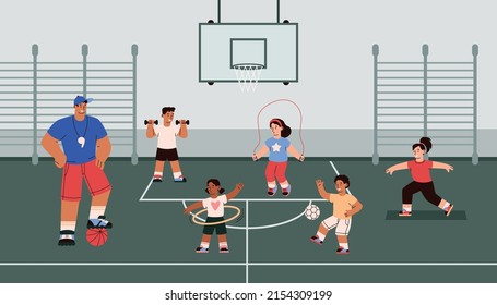 Niños en el gimnasio con entrenador físicamente, ilustración plana vectorial. Los niños juegan en la escuela con una pelota, hacen deportes, fitness. Educación física para la salud de los niños